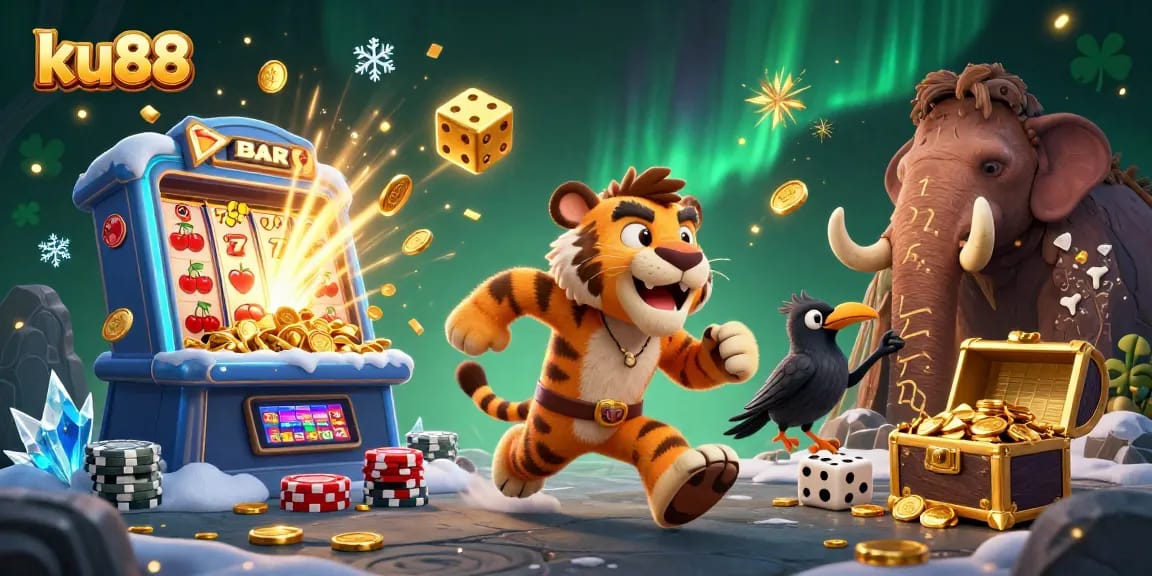 Experience ku88's exhilarating casino atmosphere with sabertooth and caveman characters amid jackpots and gold.