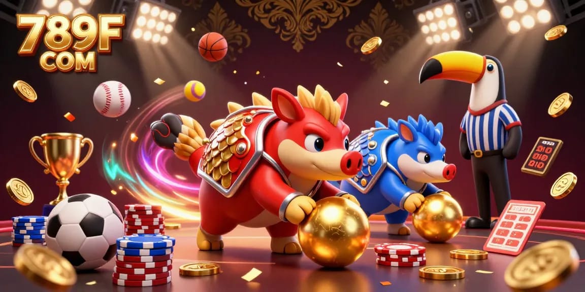 Experience thrilling gameplay like 789F COM with vibrant pangolins competing alongside sports balls and poker chips.