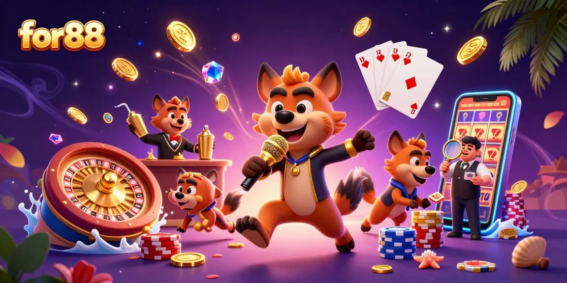 for88 casino illustration with hyenas as bar staff, comedian and bouncer, showcasing vibrant gaming elements.