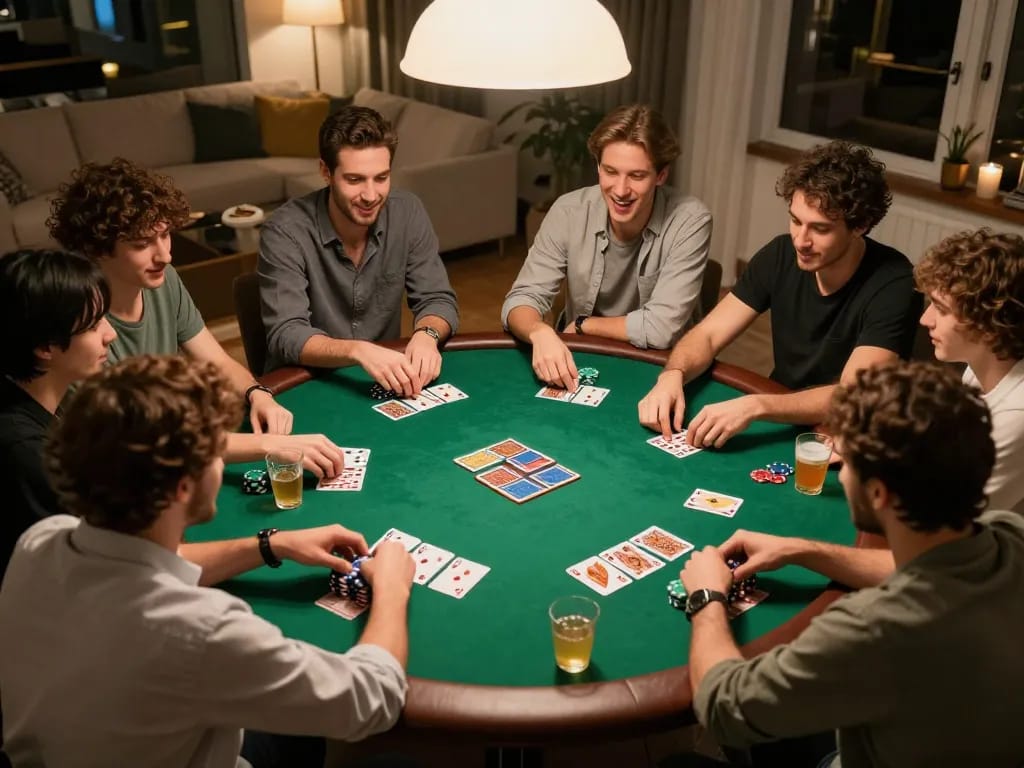 Friends enjoying a vibrant poker game night at home while mastering their strategies with jun 88
