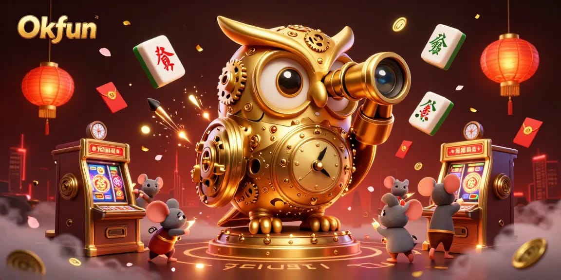 Engage with Okfun's vibrant casino scene featuring a clockwork owl and lively game elements.