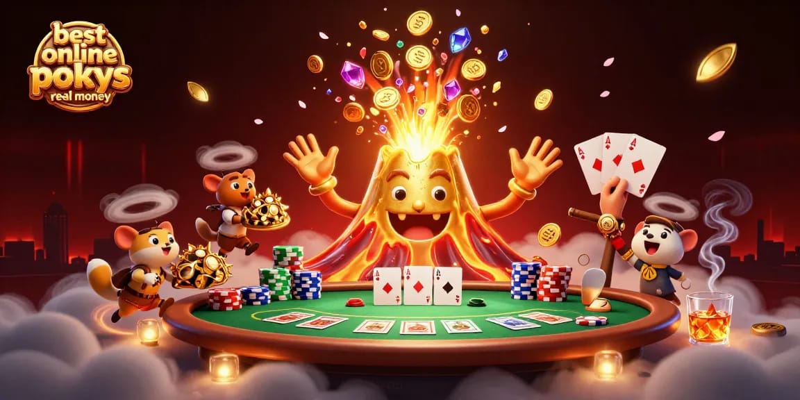 Experience the best online pokies real money with a triumphant volcano showering coins amidst rich poker elements.