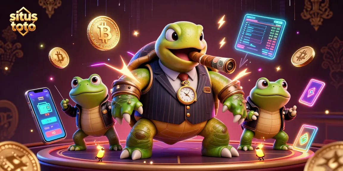 Experience situs toto thrills with a dynamic casino scene featuring bold characters and vibrant crypto elements.