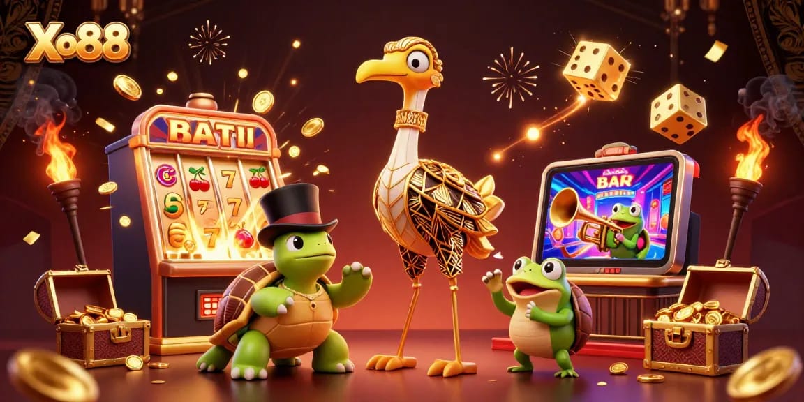 Xo88 captures the thrilling energy of gaming with vibrant characters and dynamic casino elements.