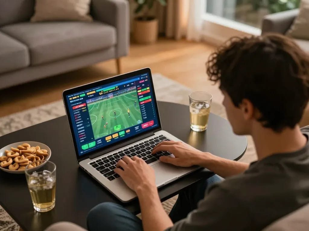 Engaged user strategizing sports bets on 88clbgo in a cozy home setting.
