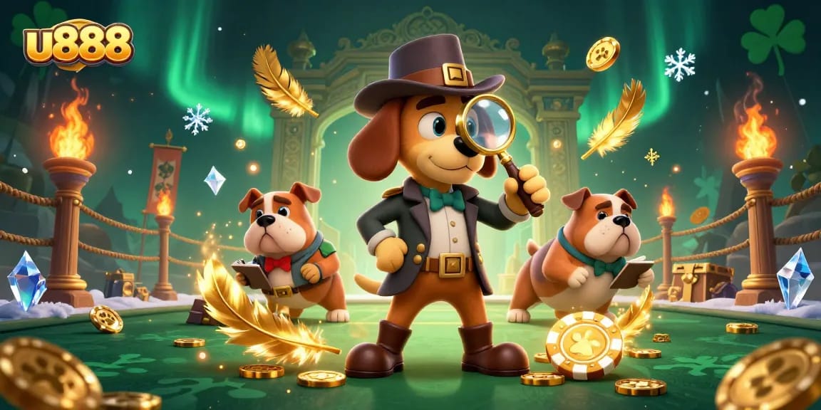 Experience thrilling gameplay at u888 with a cartoon detective seeking golden poker chips among treasure clues.