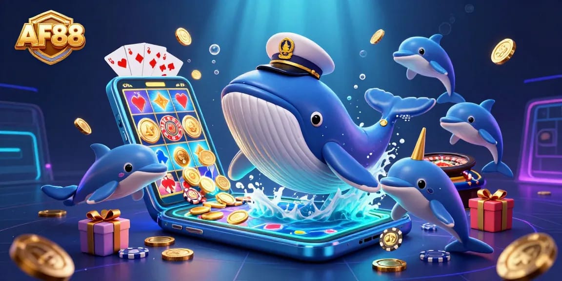 Experience the thrill of AF88 with dynamic casino action featuring playful dolphins and a grand whale.