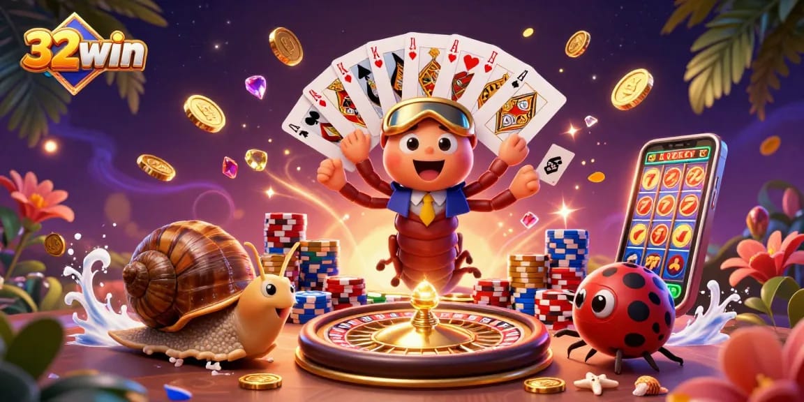 Experience 32win's thrilling casino action with an exciting 3D illustration featuring card games and vibrant elements.