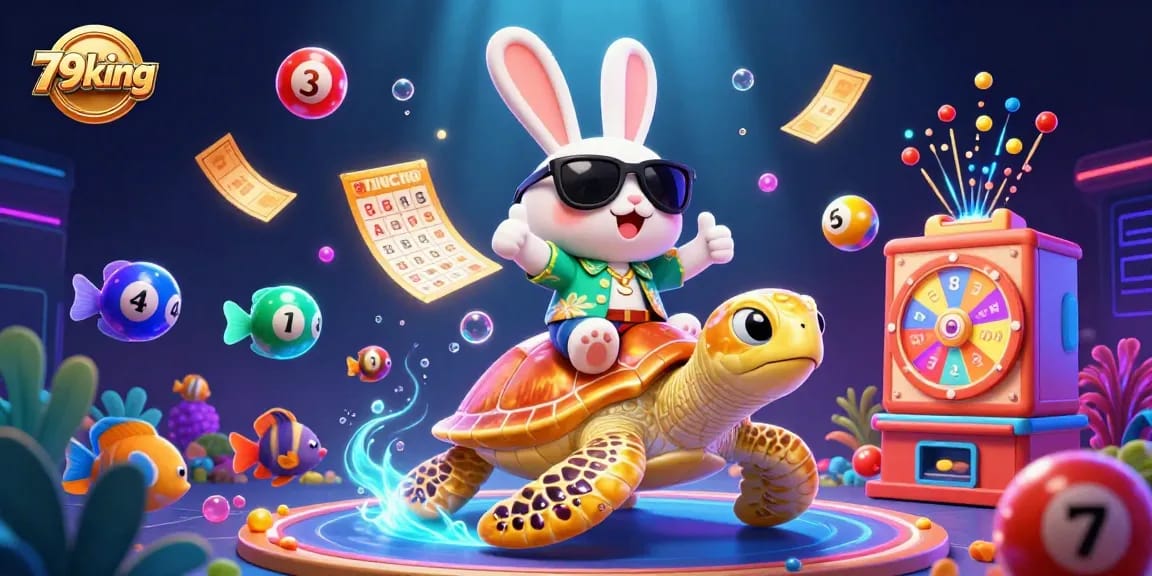 79king gamblers ride the wave of luck with a lucky rabbit and turtle in vibrant casino chaos.