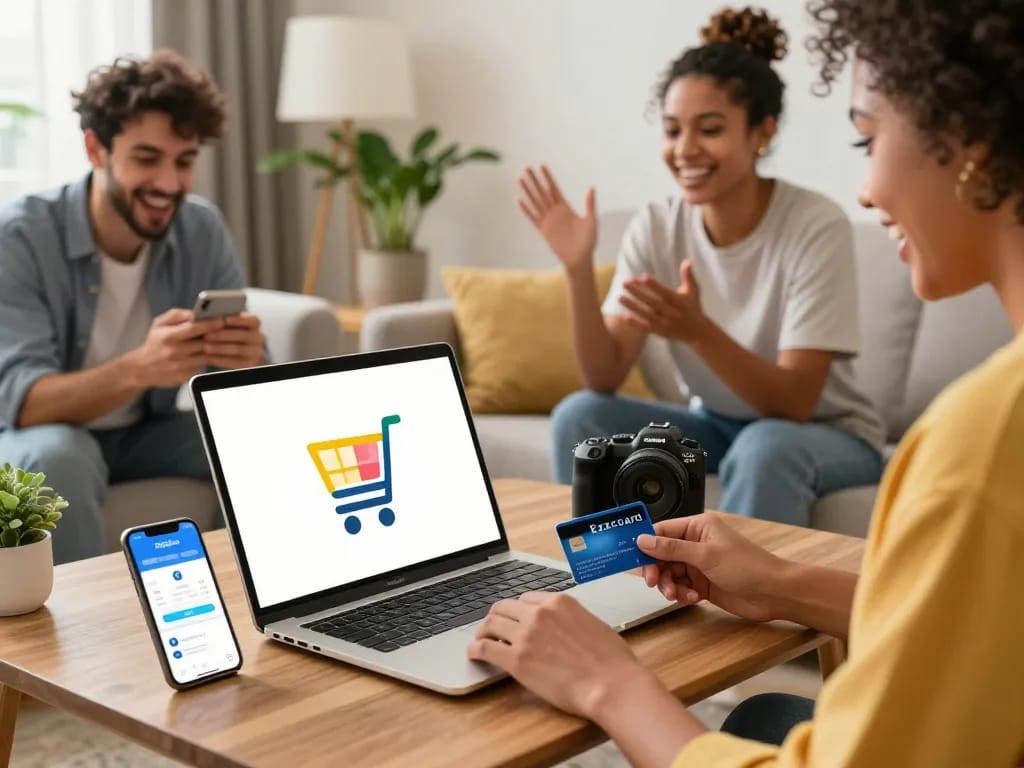 Ezzocard users enjoying seamless online shopping experience with prepaid cards in a stylish home setting.