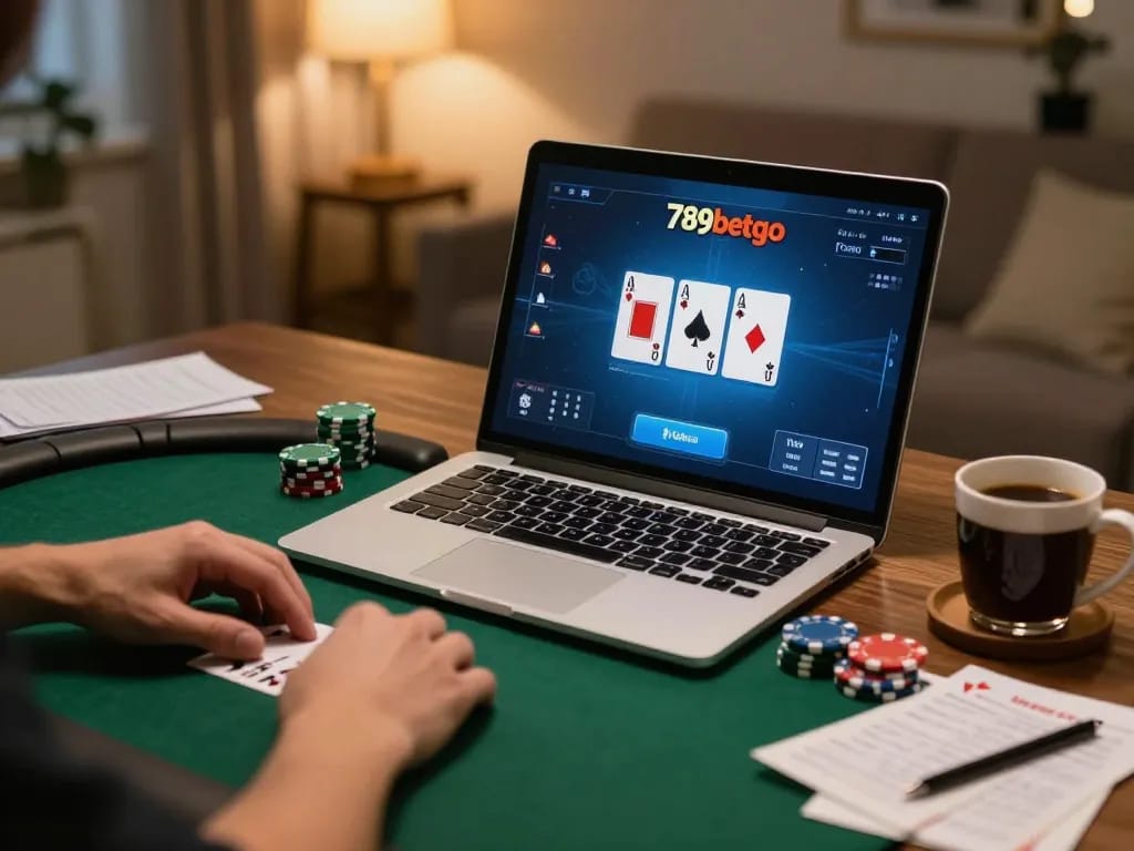 Engaging online poker gameplay on laptop screen at home, focusing on strategies for 789betgo.