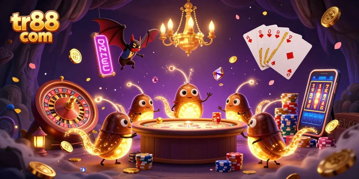 Experience the thrill at tr88 com with vibrant glowworms illuminating a cave casino, surrounded by cascading coins.