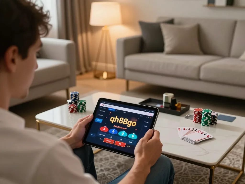 Player engaging with qh88go casino app in a cozy gaming setup