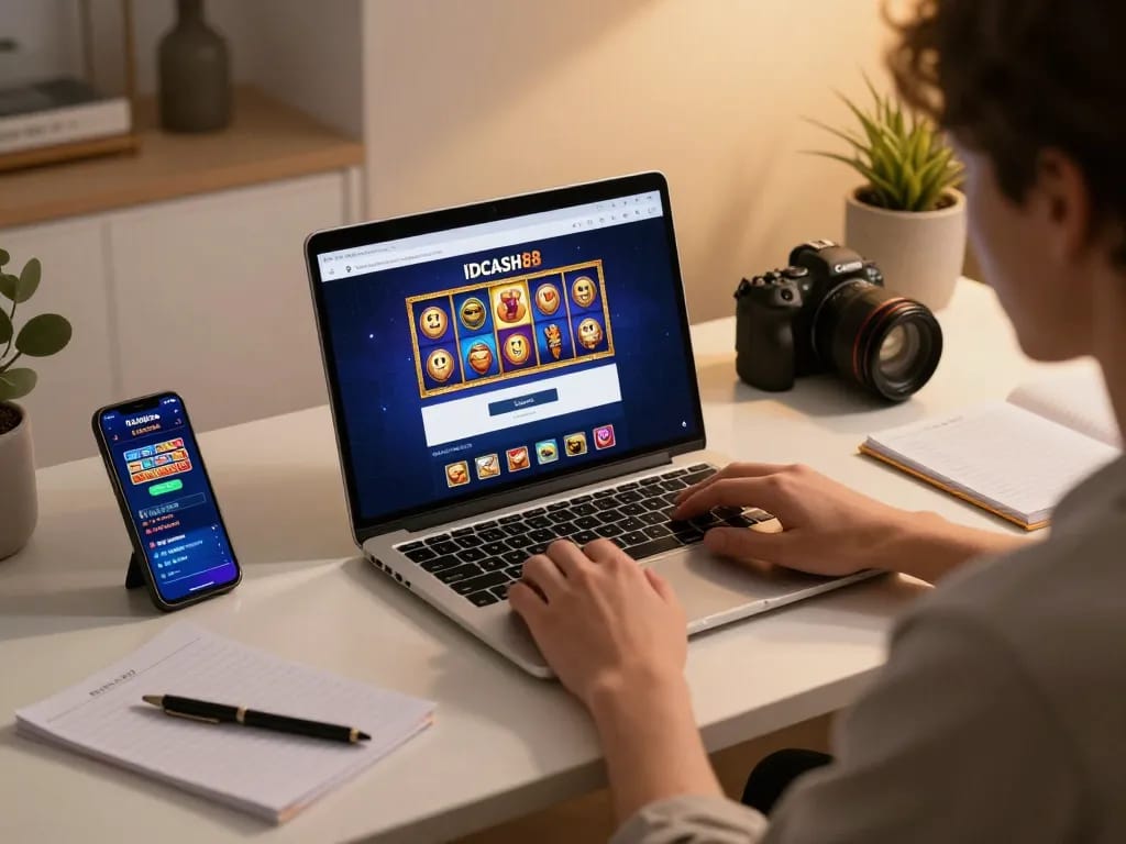Engaging scene of a player at IDCASH88 Login screen during an online gambling session, showcasing strategy notes and dynamic gameplay.