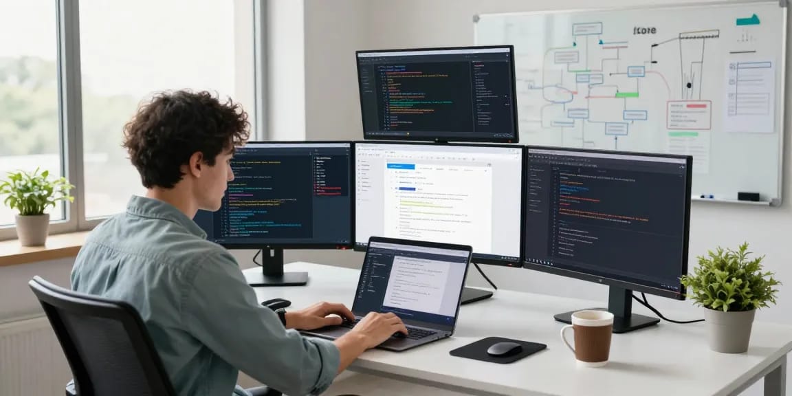 Developer builds internal tools with AI in a modern office, showcasing collaborative technology and dynamic workspace.