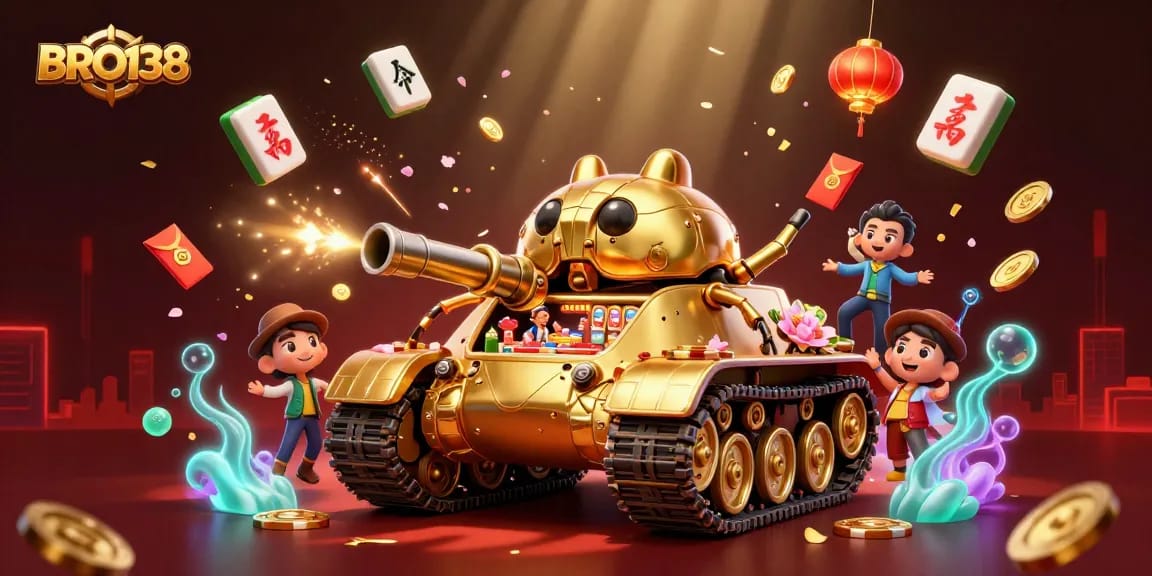 Engage in exciting gameplay at BRO138 with vibrant slot machines and a miniature casino in an artistic 3D scene.