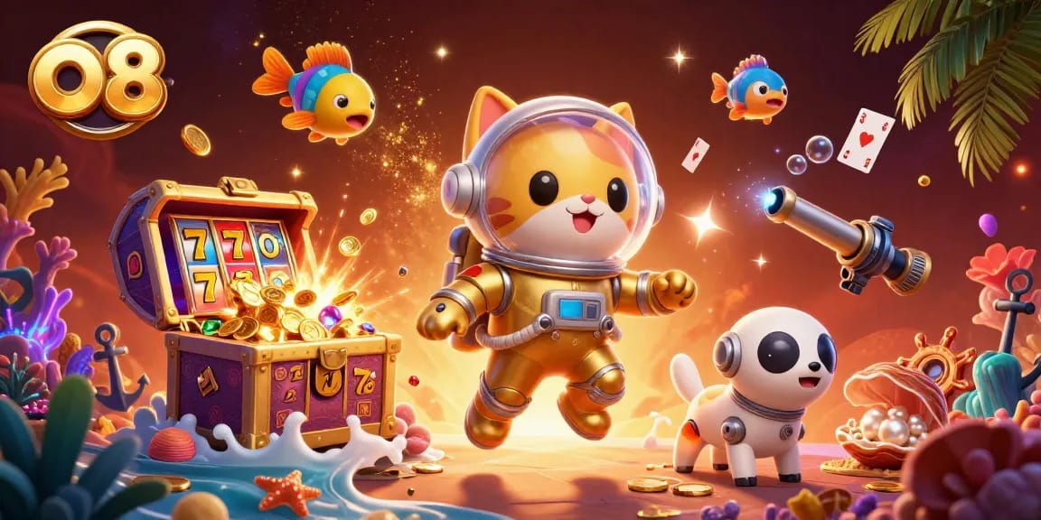 Experience the thrill of o8 with a vibrant illustration showcasing a space cat, robot dog, and slot machines.