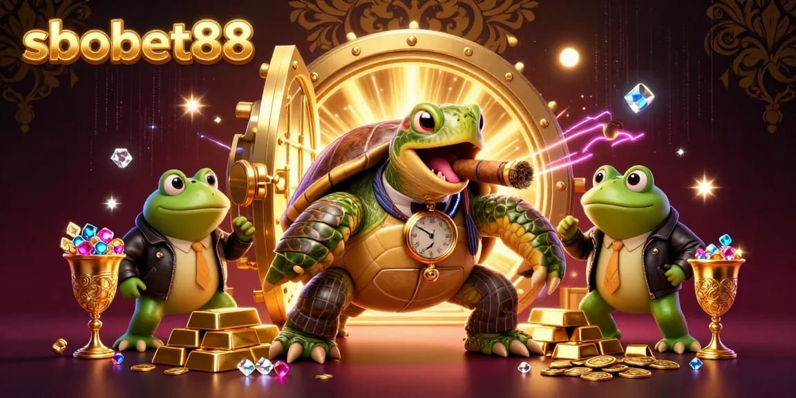 SBOBET88 showcases a vibrant scene of a turtle mobster and bullfrog enforcers amidst a treasure-filled casino atmosphere.