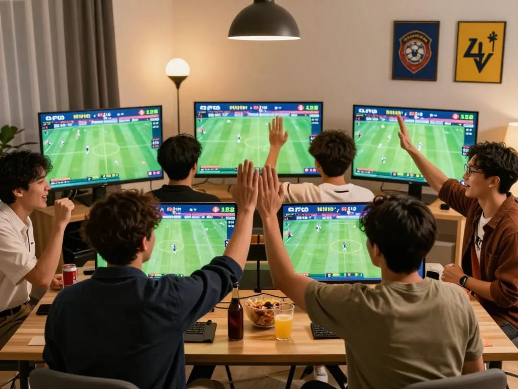 Friends enjoy sports betting using tylekeonhacai88 on multiple screens in a lively home setting