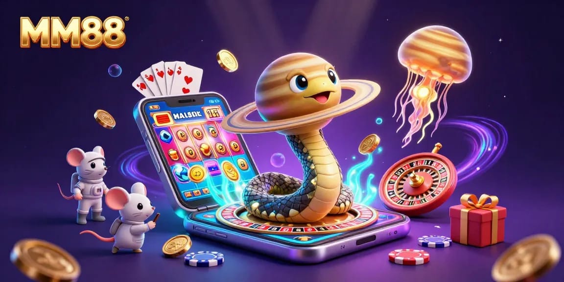 Experience MM88's exciting casino atmosphere with a vibrant 3D scene of betting astronauts and a cosmic jellyfish dealer.