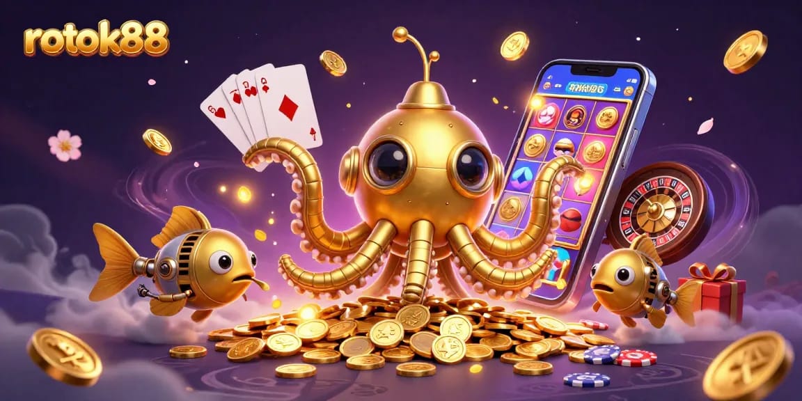 Experience thrilling gameplay with rokok88, showcasing a golden kraken submarine among lucky casino elements.