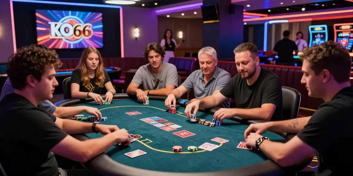 Exciting KO66 casino scene with diverse players at a vibrant poker table, neon lights glowing.