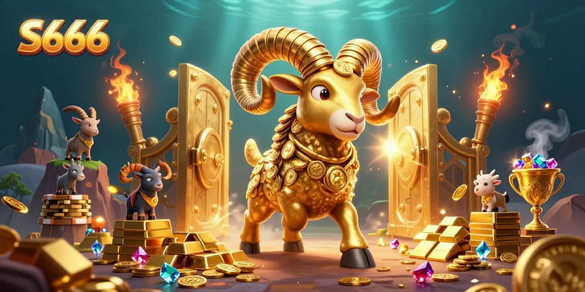 S666 showcases an ultra-detailed 3D illustration of a golden ram charging towards a vault, surrounded by treasures.
