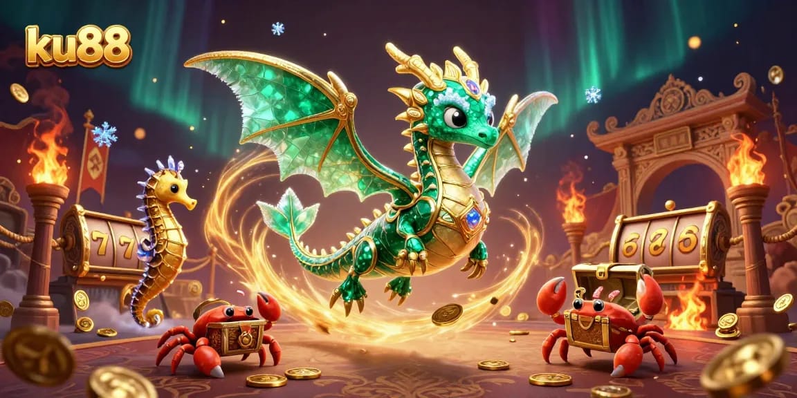 Experience the thrill of ku88 casino slots with a magical sea dragon and treasure elements.