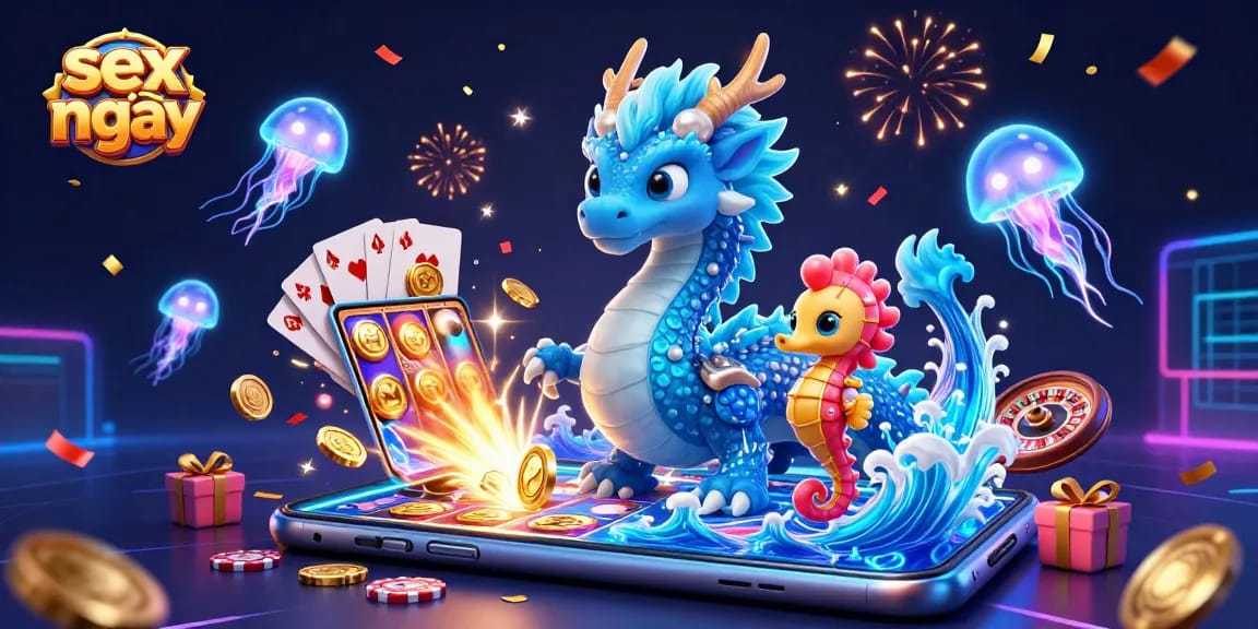 Experience the excitement of sex mới with a vibrant 3D scene showcasing a dragon, seahorse, and neon jellyfish.