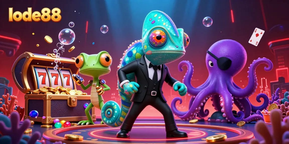 Lode88's dynamic casino scene with a secret agent chameleon and vibrant slot reels.