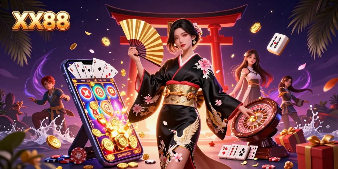 Engage with XX88's thrilling slot games and casino experiences in this vibrant illustration.