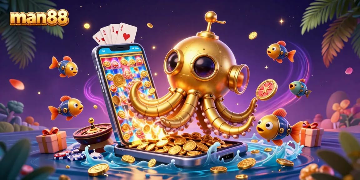 Experience thrilling moments with man88's golden kraken submarine amidst dynamic casino games and rich treasures.