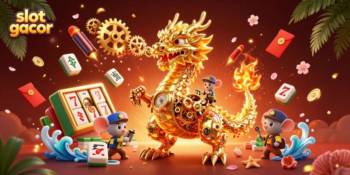 Engage with slot gacor action in this vibrant 3D illustration, showcasing an epic dragon and casino elements.