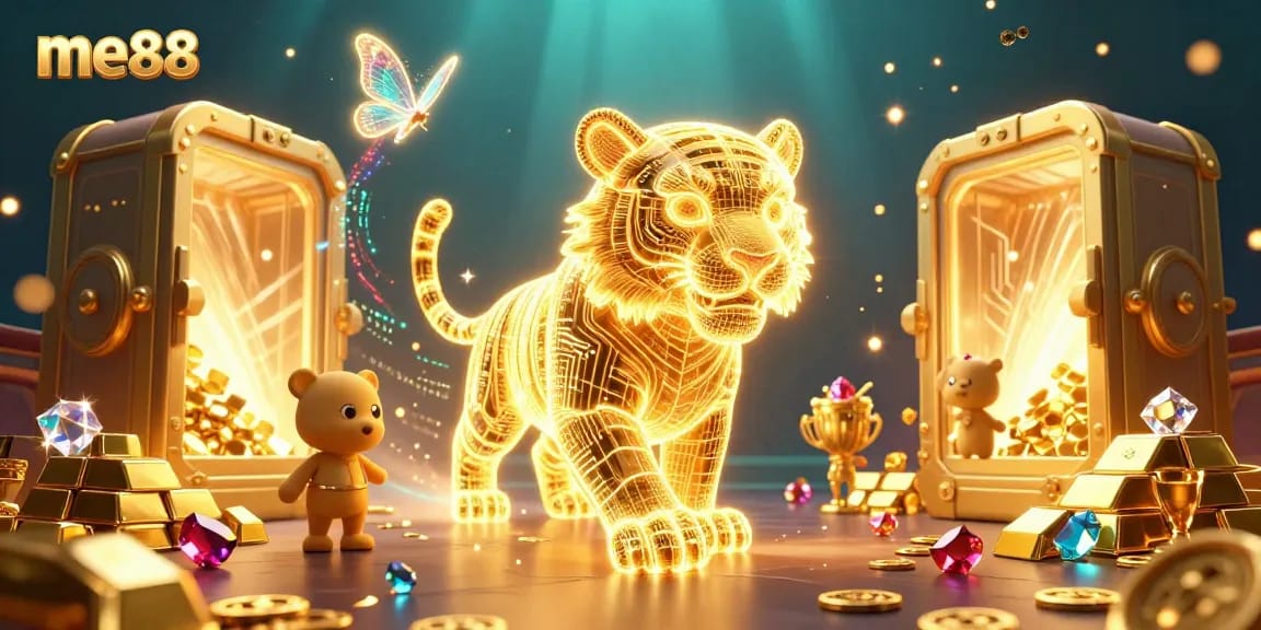 Experience thrilling wins at me88 with a vibrant 3D casino scene including glowing treasures and a golden tiger.