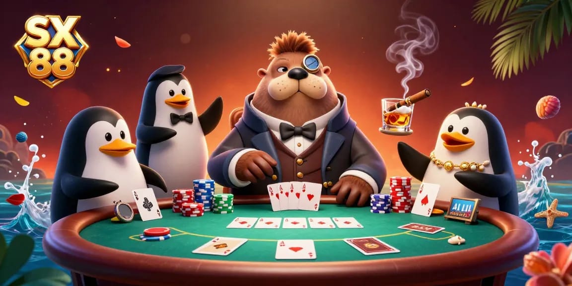 Play cards underwater at SX 88 with a walrus, penguin dealer, and pufferfish in an energetic game