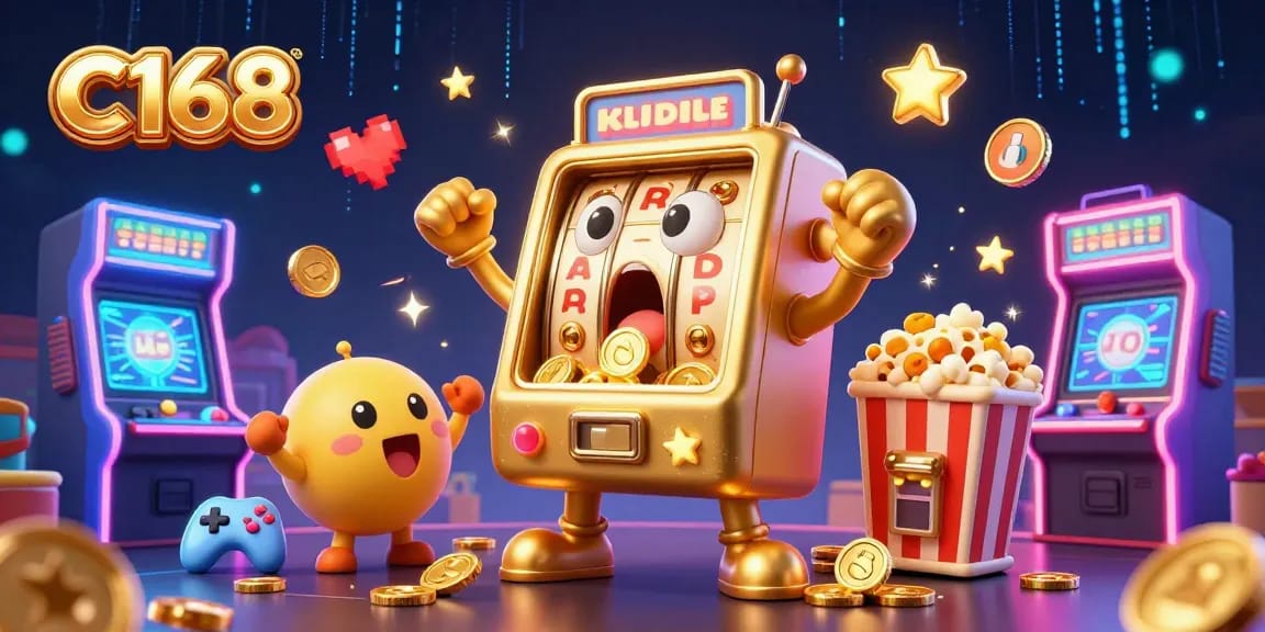 C168 slot machine shows shock as it wins a jackpot, coins pour out, in a vibrant casino scene.