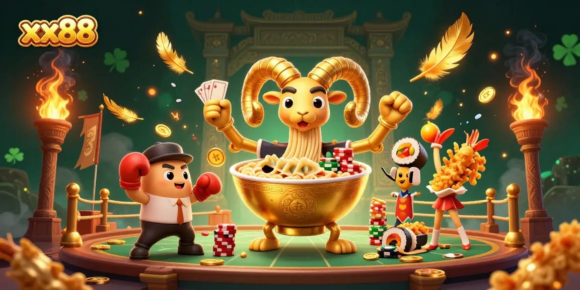 xx88's dynamic online casino scene featuring a ramen bowl dealer and whimsical characters amidst vibrant action.