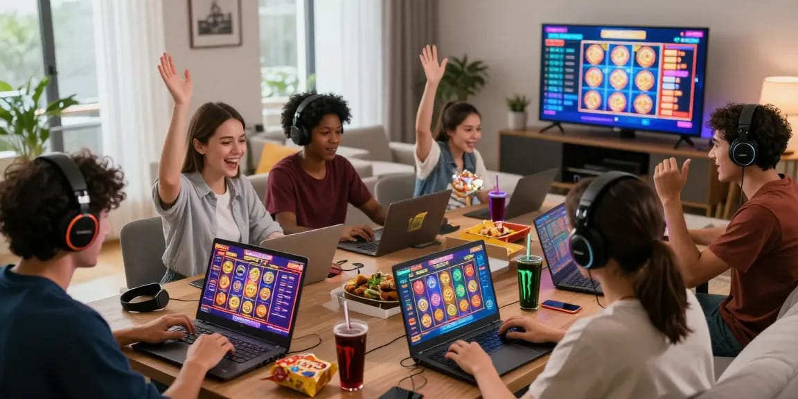 A group of friends enjoying a gaming session at home, celebrating wins on deposit tanpa minimal slots, showcasing vibrant gaming atmosphere.