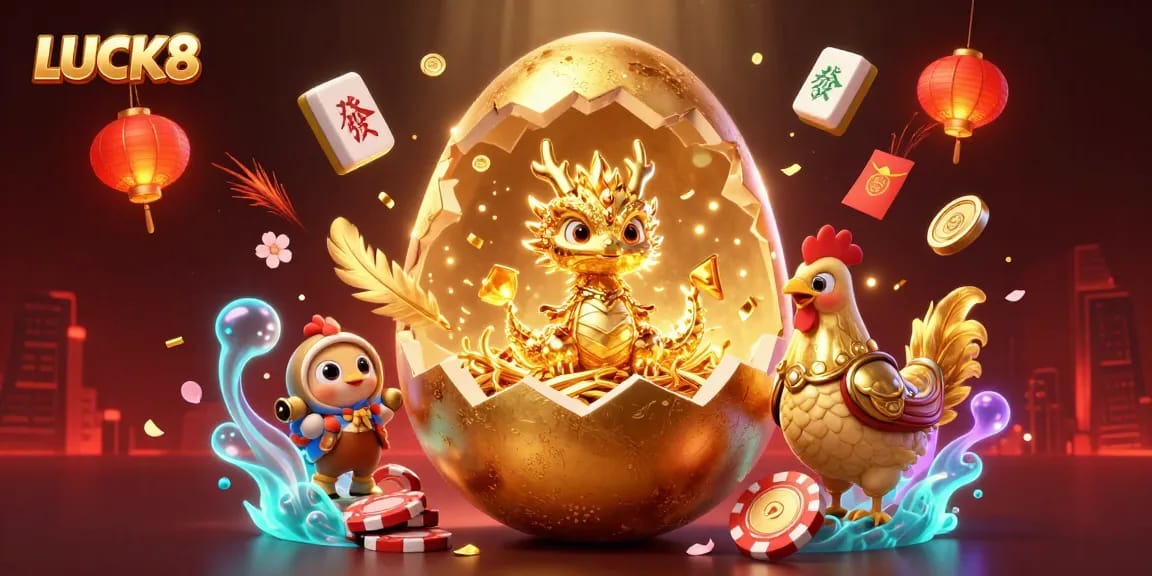 LUCK8 brings excitement to gaming with a golden dragon and poker chips in a vibrant casino scene.