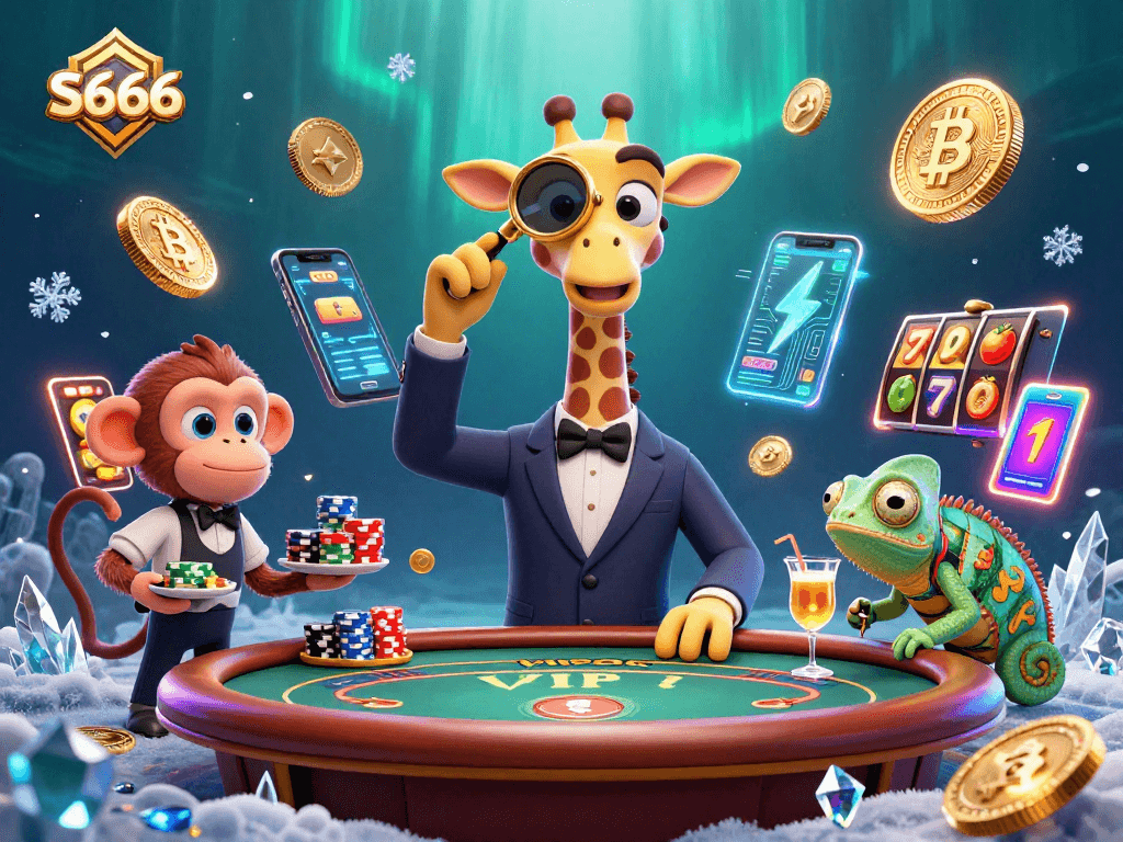 Experience vibrant S666 gaming action with a giraffe, monkey, and chameleon in a casino setting.