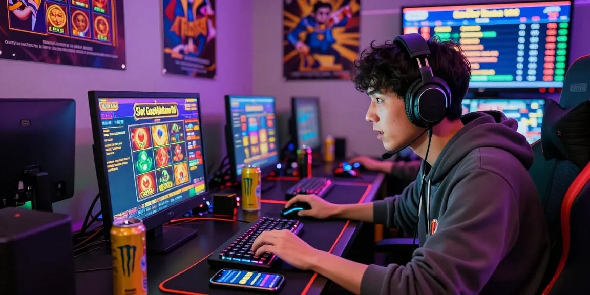 Player engaging with Slot Gacor Malam Ini, showcasing vibrant gaming setup and LED lights.