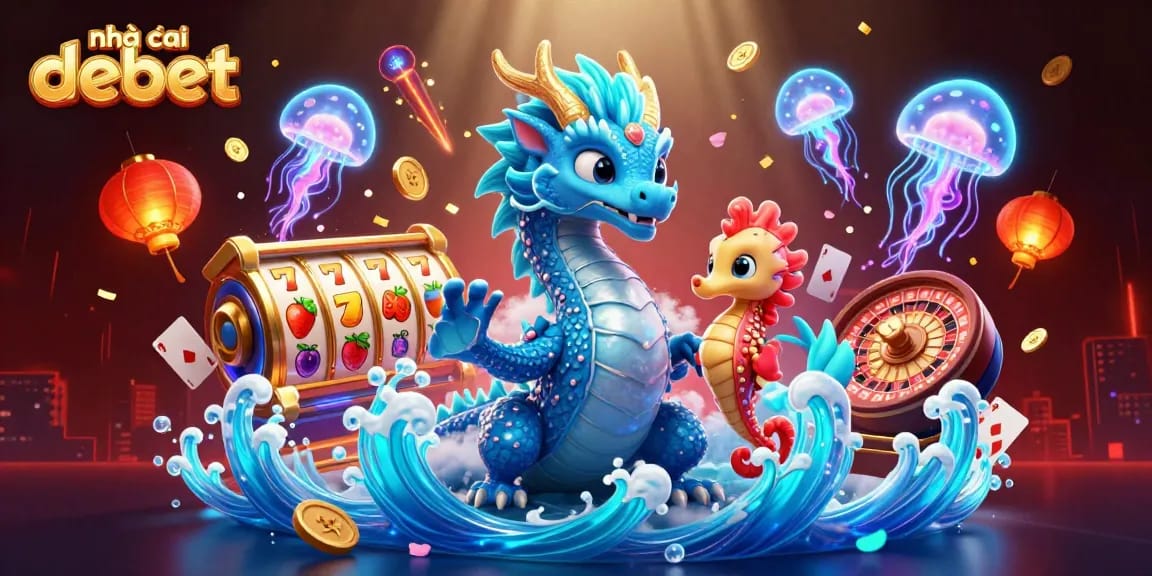 Engage with Nhà cái debet's vibrant casino adventure featuring magical characters amidst slot reels and poker elements.
