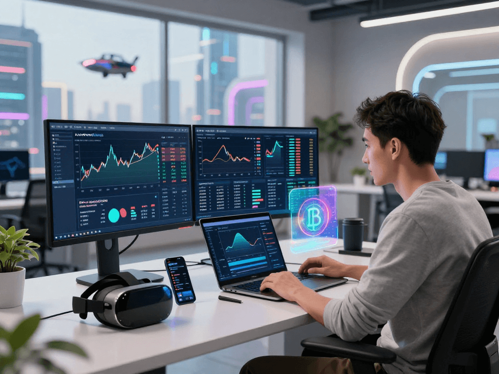Kyber-swap trading scene with cryptocurrency trader and advanced digital dashboard.