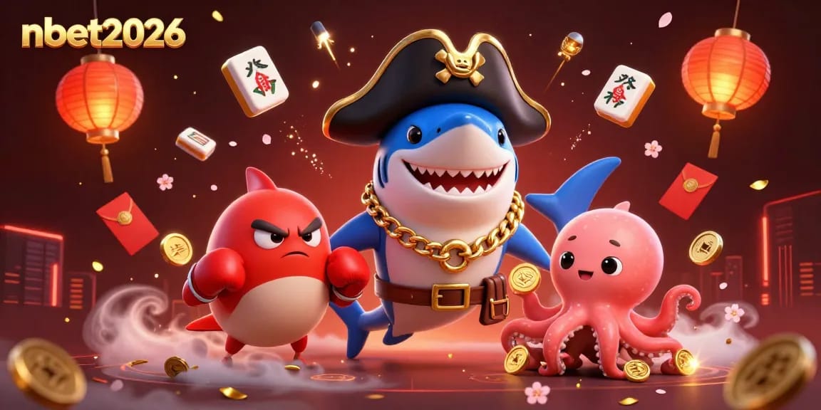 Engage with nbet2026's vibrant gaming universe featuring a cartoon pirate shark, pufferfish, and octopus with treasures.