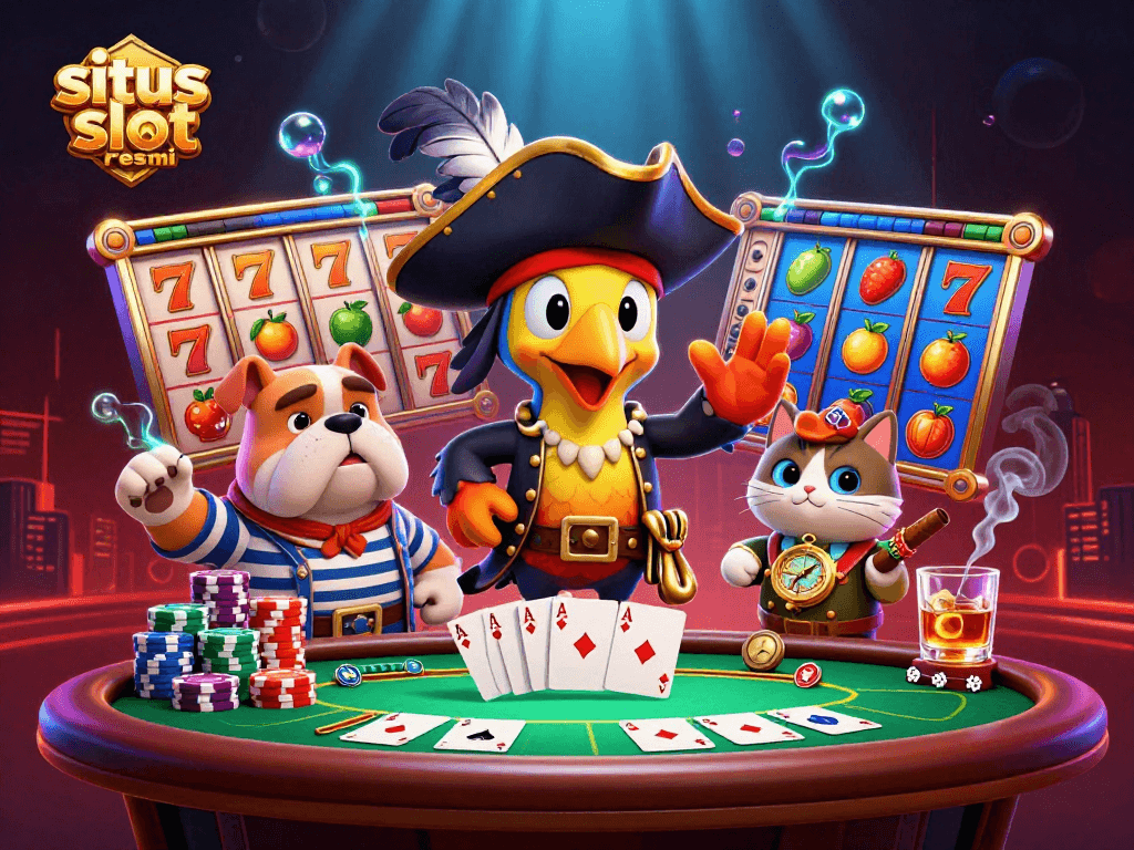 Experience excitement at situs slot resmi with vibrant slot reels and a dynamic pirate scene.