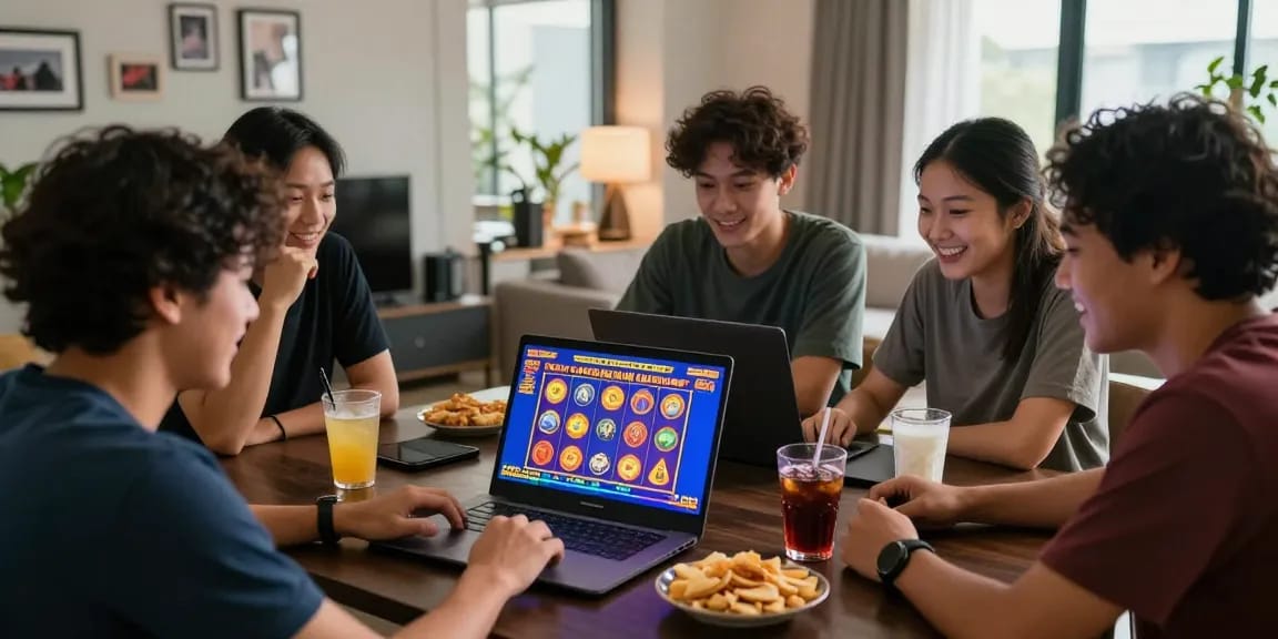 Friends enjoying Slot Gacor Hari Ini Kartupoker in a lively online casino gaming atmosphere.