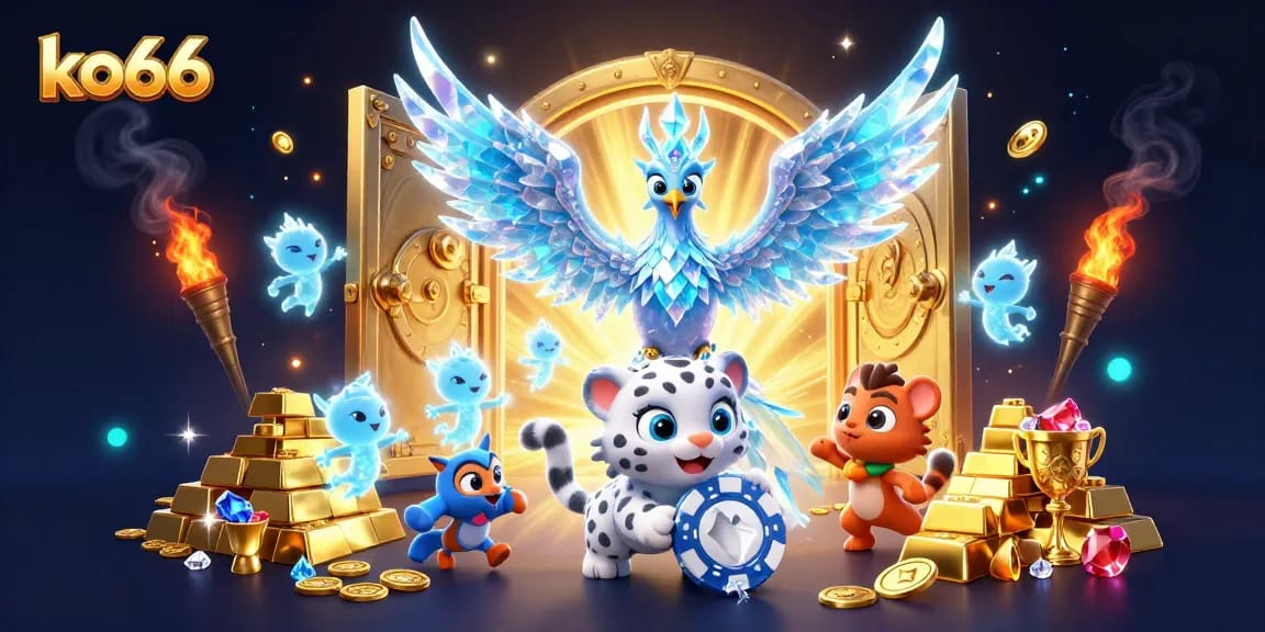 ko66 players winning big with a dazzling ice phoenix and treasure in a magical casino scene