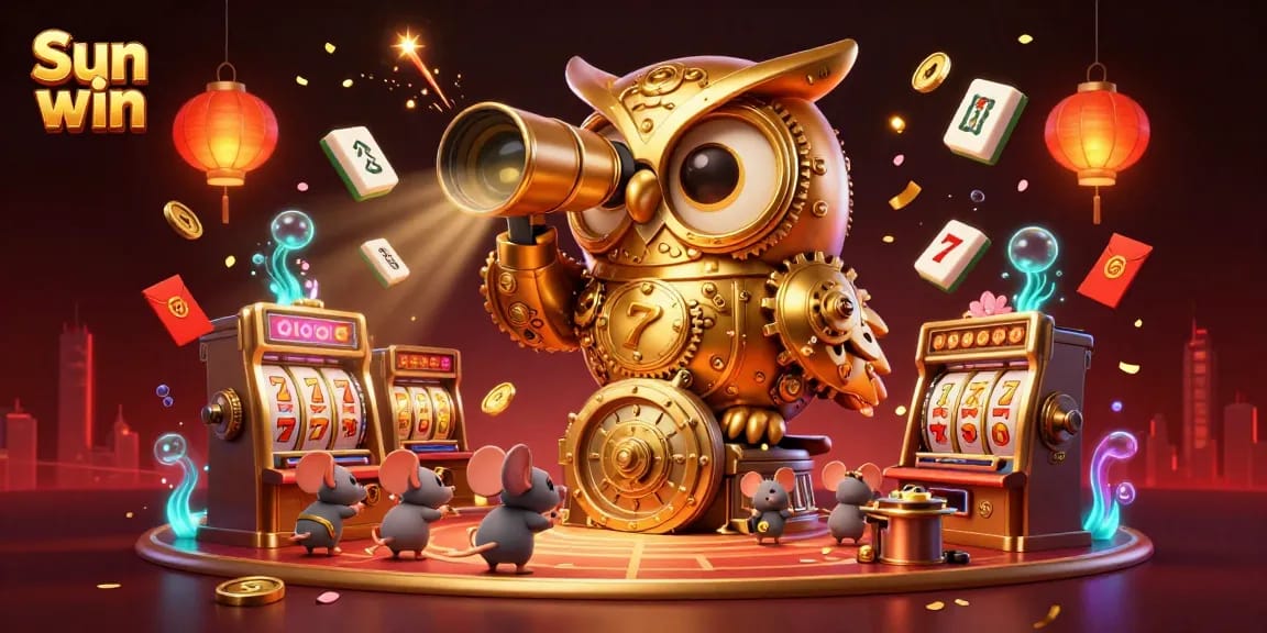 Experience the excitement of the Sun win casino with a whimsical scene featuring a golden owl, slot machines, and festive decorations.