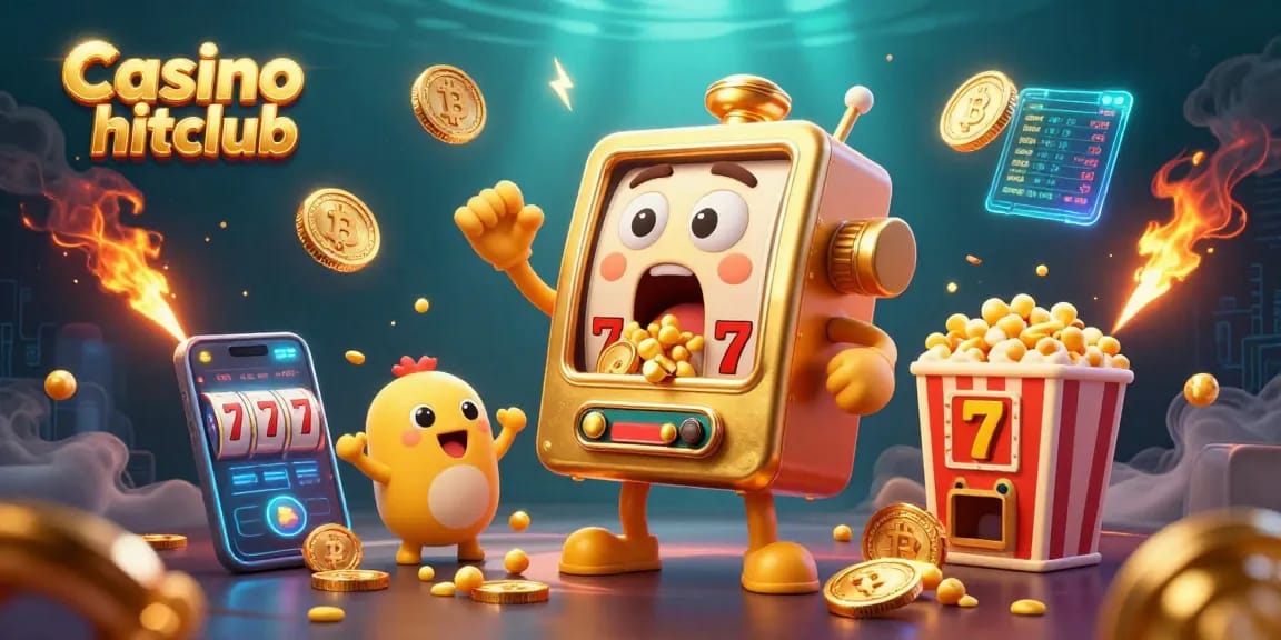 Engage with Casino hitclub's thrilling gaming scene featuring a whimsical golden slot machine in a vibrant 3D illustration.