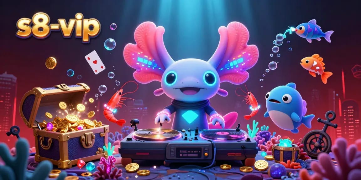 Experience vibrant gameplay with s8-vip, showcasing a neon-colored axolotl DJ amidst immersive casino-themed elements.